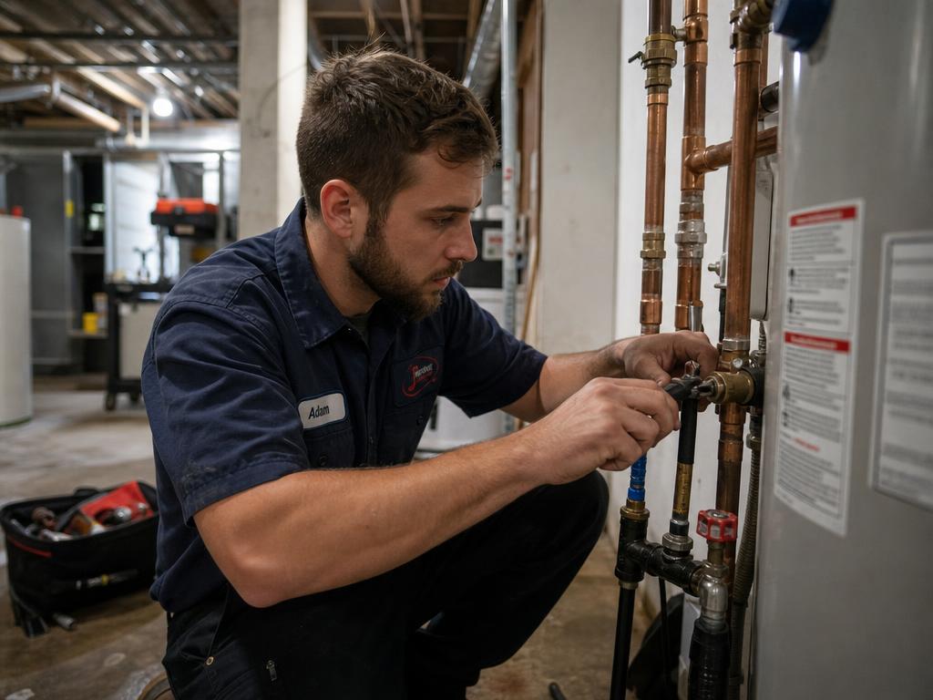 Professional plumber servicing a water heater